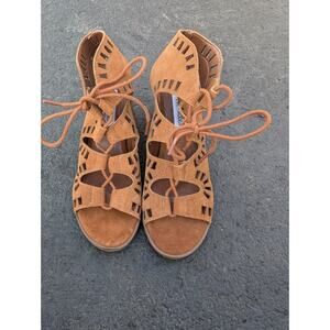 Steve Madden Morocco Leather Gladiator Low Block Heel Lace Up Cut Out Sandals 7